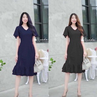hbstation.shop เสื้อผ้าแฟชั่น เดรสลูกไม้ สีกรม ดำ พร้อมส่ง