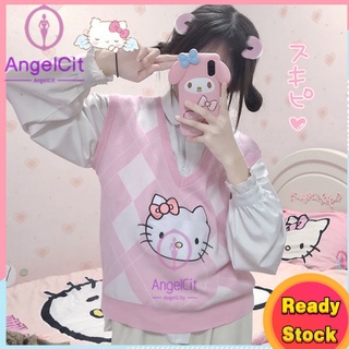 Angelcity※hellokitty เสื้อกั๊กแขนกุด คอวี ผ้าถัก พลัสไซซ์