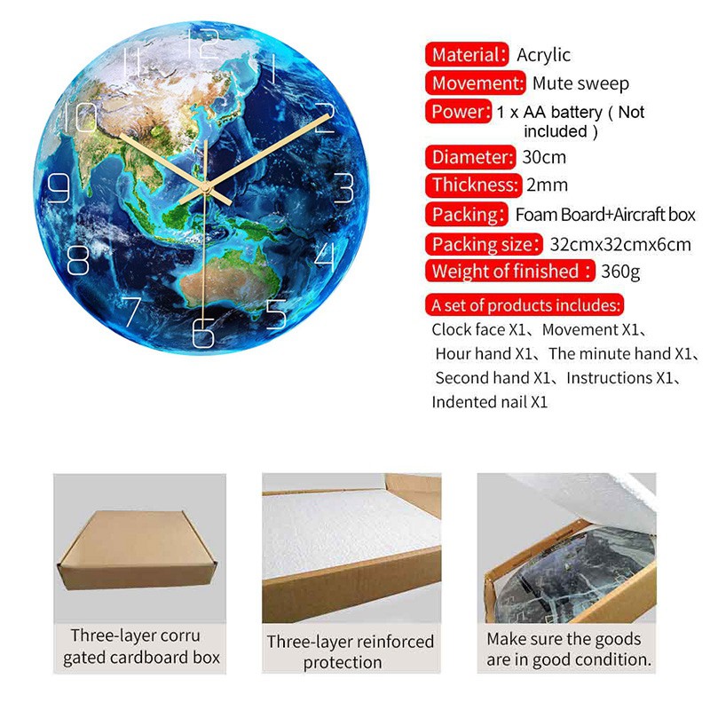 Luminous Earth Wall Clock Planet Print Clock Study Room Bedroom Living ...