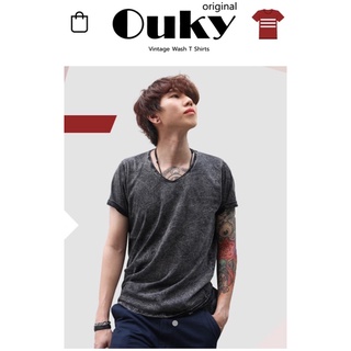 OUKY ผ้าฟอก Cotton100% เสือยืด เสื้อแนววินเทจ ไม่ต้องรีด ซักอบเครื่องได้ ไม่ยืด ไม่หด สีไม่ตก