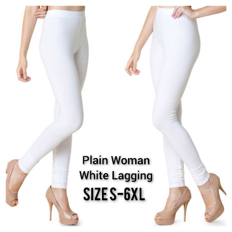 Woman White Legging กางเกงรัดรูปผ้าฝ้ายเอวสูงแบบยืดได้คุณภาพสูง / กางเกงเลกกิ้งผู้หญิง สีขาวธรรมดา /เลกกิ้ง Wanita