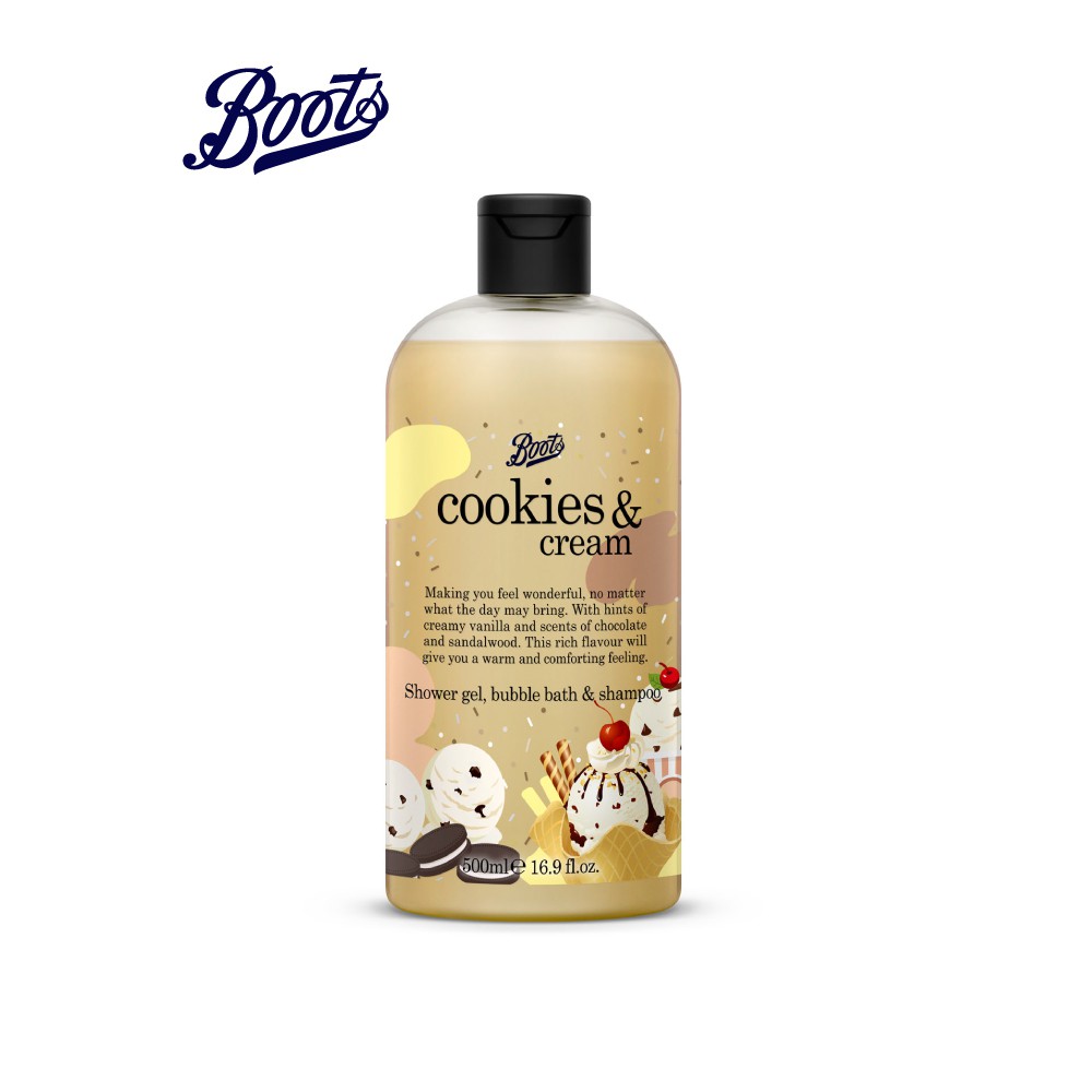 BOOTS Cookies & Cream Shower Gel, Bubble Bath & Shampoo 500ML Flavour