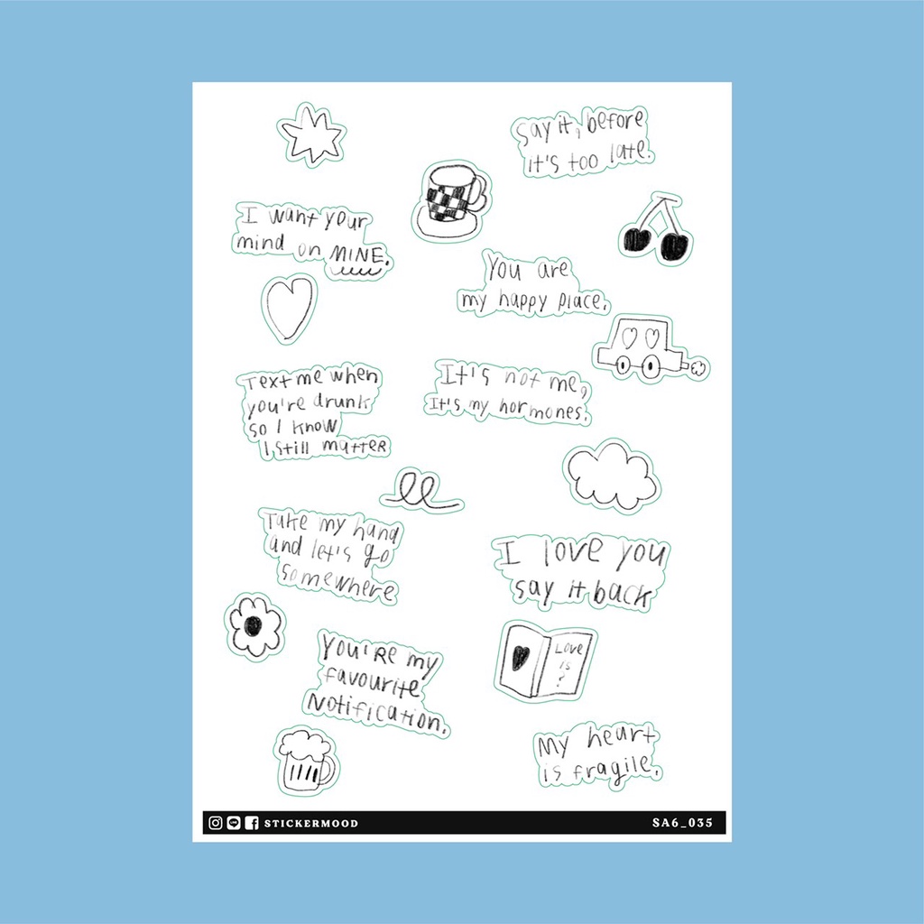 ☕️🍒🖤สติกเกอร์ตัวอักษรไดคัท A6 ลาย B/W Valentine words 🍒🖤☕️(รหัส : SA6_035)