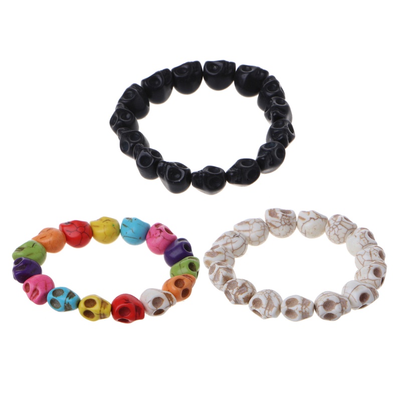 VIKK อินเทรนด์ลูกปัดโครงกระดูก Howlite สร้อยข้อมือ Turquoise Howlite Stone Skull แฟชั่นสร้อยข้อมือยื