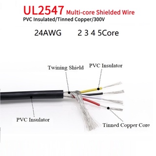 5M UL2547 สายเคเบิลป้องกันสัญญาณ 24AWG ฉนวนพีวีซี 2 3 4 5Cores สายป้องกันสายไฟทองแดงกระป๋อง Multicores