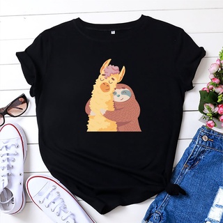 เสื้อยืดลําลอง ผ้าฝ้าย แขนสั้น คอกลม พิมพ์ลายกราฟฟิคการ์ตูน Llama Sloth สไตล์ฮาราจูกุ สําหรับสตรี