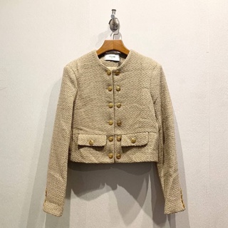 CELINE PARIS TAN TWEED JACKET GOLD BUTTON เสื้อคลุมตัวนอก แจ็คเก็ตสีครีม แบรนด์ซีลีน ผ้าทวีด กระดุมสีทอง