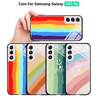 สําหรับ Samsung Galaxy S22 5G S22 Plus Ultra 5Gเคสโทรศัพท์มือถือกระจกนิรภัย กันกระแทก ลายหน้ายิ้ม สีรุ้ง หรูหรา