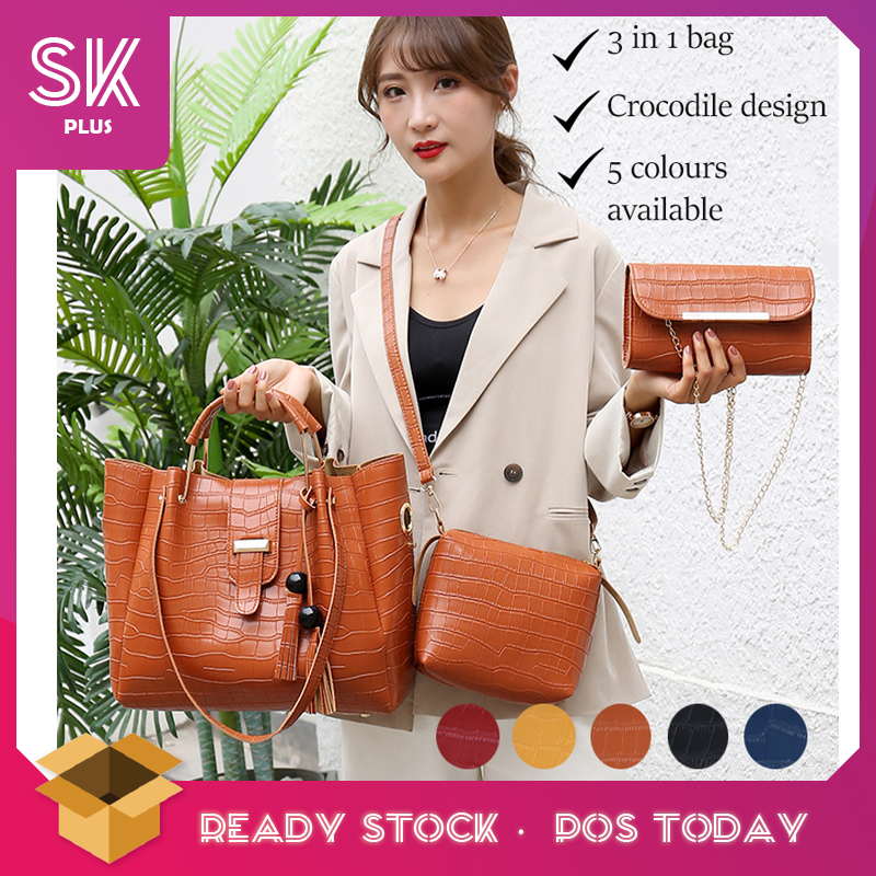 SKPLUS Women 3 in 1 Crocodile Pattern Bucket Messenger Leisure Dinner Bag Set Beg Wanita