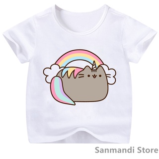 เสื้อยืด พิมพ์ลายแมว Pusheen สีรุ้ง น่ารัก แฟชั่นฤดูร้อน สําหรับเด็กผู้ชาย และเด็กผู้หญิง