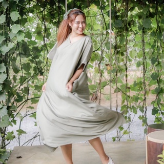 OVER Plain Maxi Dress Grey Green เดรสยาว เดรสสาวอวบ เดรสสาวไซส์ใหญ่  เดรสคนท้อง ชุดเที่ยวทะเล ชุดนอน เดรสปีกค้างคาว