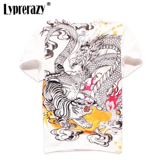 Lyprerazy เสื้อยืด ปักลายมังกรเสือ สไตล์จีน ญี่ปุ่น ฮาราจูกุ อุกิโยะ วินเทจ สําหรับผู้ชาย ผู้หญิง