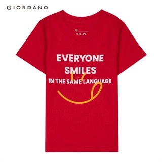 ผ้าฝ้าย 100%GIORDANO เสื้อยืดเด็กคอกลมแขนสั้น Juniors SMILEY Printed Tee 03081209S-3XL