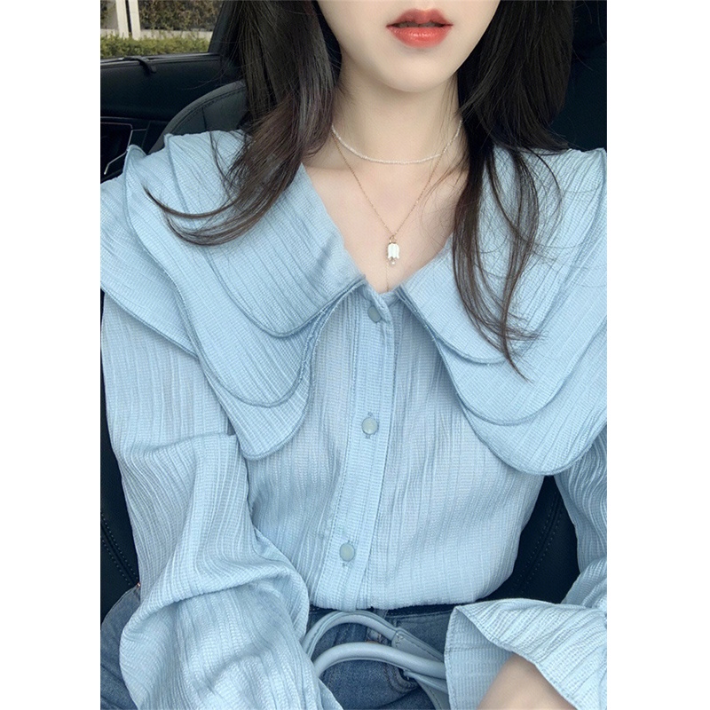 คอตุ๊กตา ผ้าชีฟอง เสื้อเชิ้ตสีฟ้าสีพื้นแฟชั่นเกาหลีผู้หญิง เสื้อแขนยาวแฟชั่นฤดูร้อน