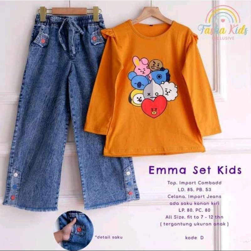 Kids Emma Clothes Set Combed mix Jeans Wash วัสดุเสื้อยืดสําหรับอายุ 7-12 ปี