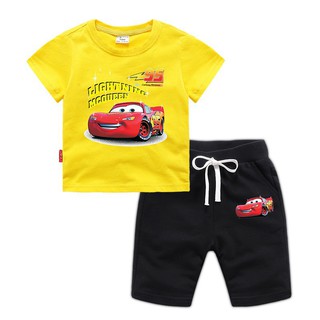 READY STOCK Cars Lighting MCQueen Boys เสื้อยืดเสื้อ + กางเกงขาสั้นกางเกงเด็กฤดูร้อน 2 ชิ้นชุดชุด