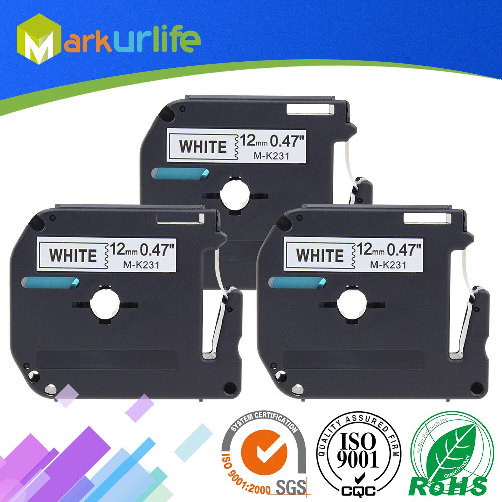 3 PCS for Brother P-Touch printer MK231 M-K231 M231  Laminated Label Tape work for 12mm (1/2") x 8m 