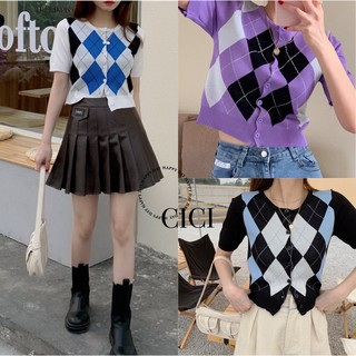 Cici(NO.10019)เสื้อไหมพรมแขนสั้น กระดุมหน้า ลายข้าวหลามตัด