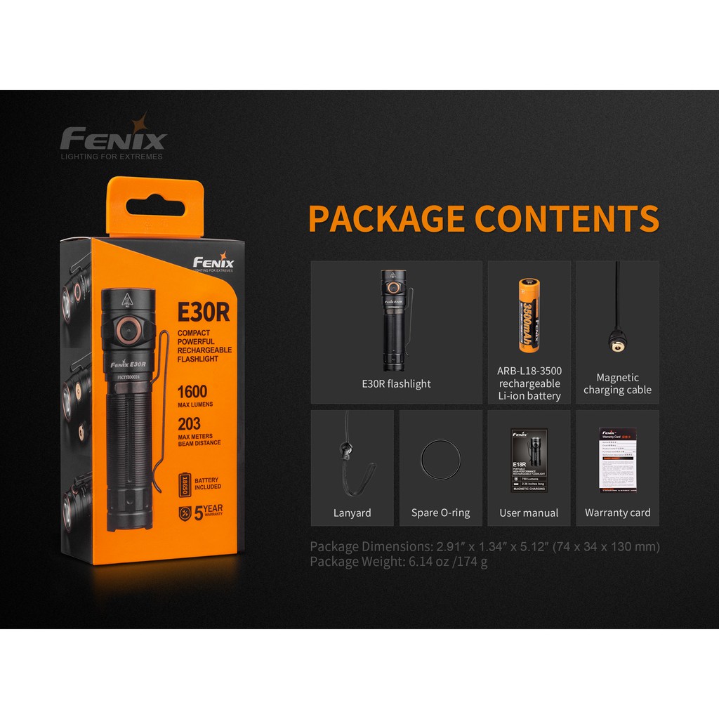 ไฟฉาย Fenix E30R 1600LM Rechargeable EDC พร้อมแบตเตอรี่