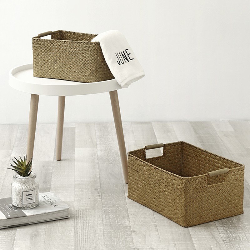 Living life natural seagrass woven wooden handle storage basket