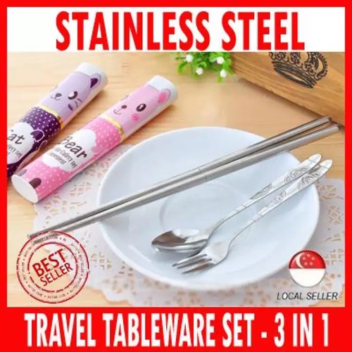 [ SG Local Seller ] ชุดบนโต๊ะอาหารสําหรับเดินทาง ช้อนตะเกียบสแตนเลส 3 in 1 [ By Kim Hyeon ]