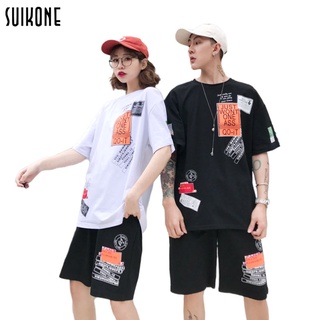 Suikone เสื้อผู้ชาย ผู้ชายแขนสั้นฤดูร้อนสไตล์เกาหลี ins เสื้อยืดคอกลมหลวมพิมพ์เสื้อยืดลำลอง เสื้อผ้าผู้ชายสไตล์เกาหลี