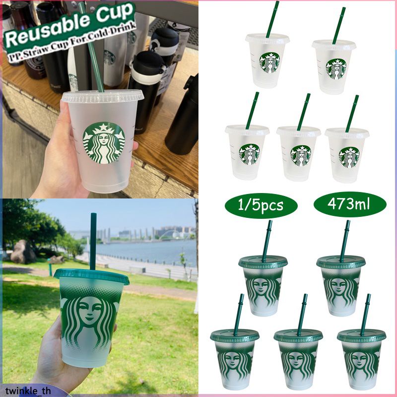 Starbucks INS สไตล์สตาร์บัคส์ฟางถ้วยใสถ้วยฟางสีเขียวเด็กฟางถ้วย473มล.(twinkle.th)