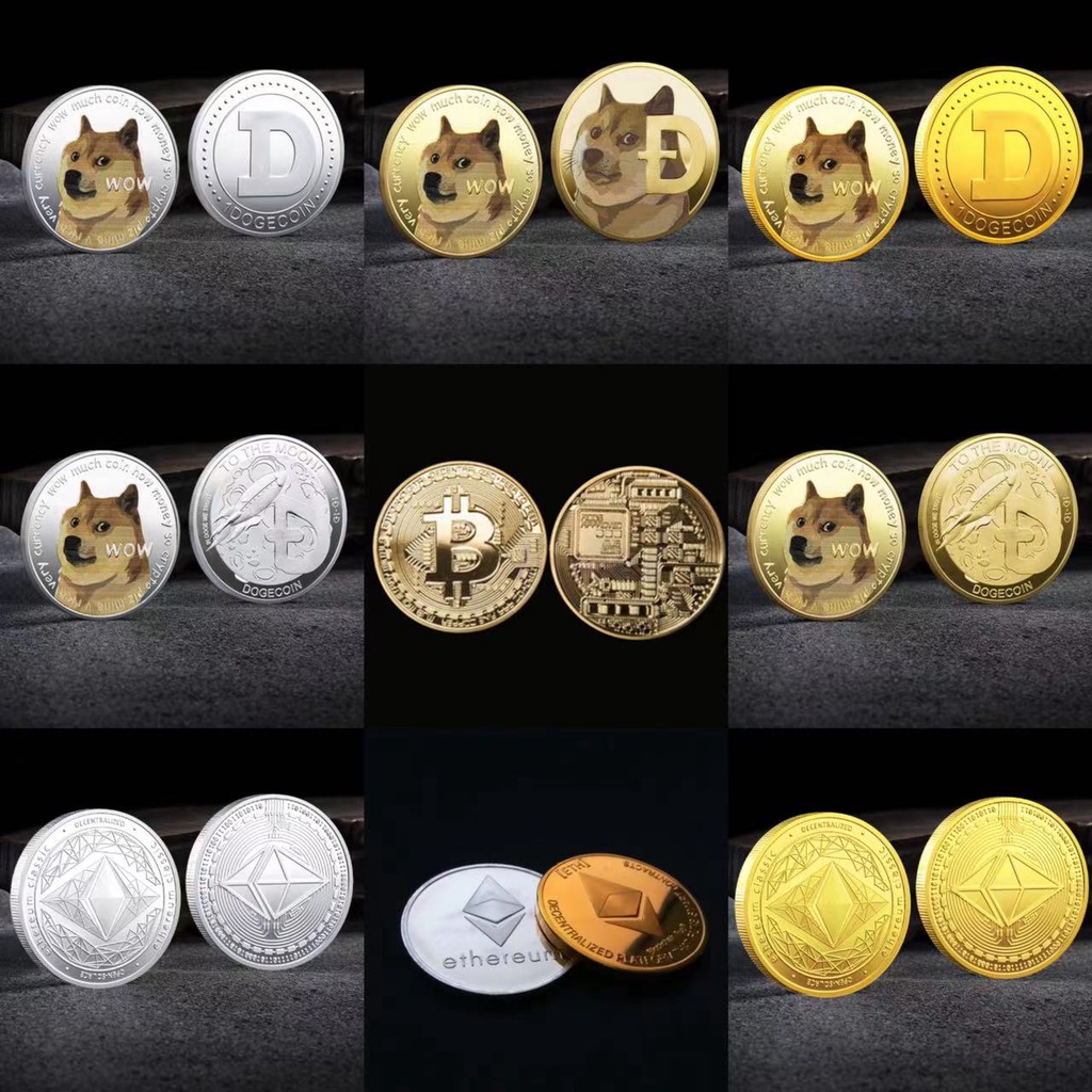 เหรียญทางกายภาพ BTC/DOGE/ETH เหรียญ Bitcoin Gold/Silver Plated Display Collection ของที่ระลึกของขวัญ