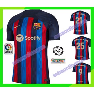 เสื้อกีฬาแขนสั้น ลายทีมชาติฟุตบอล Barcelona 22 23 GRIEZMANN MESSI F.DE JONG ชุดเหย้า คุณภาพสูง