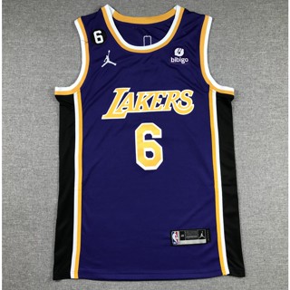 ใหม่ 2022 NBA Mens Los Angeles Lakers มาตรฐานใหม่ ฤดูกาล สําหรับผู้ชาย #เสื้อกีฬาบาสเก็ตบอล ปักลาย LeBron James สีม่วง มี 6 ชิ้น