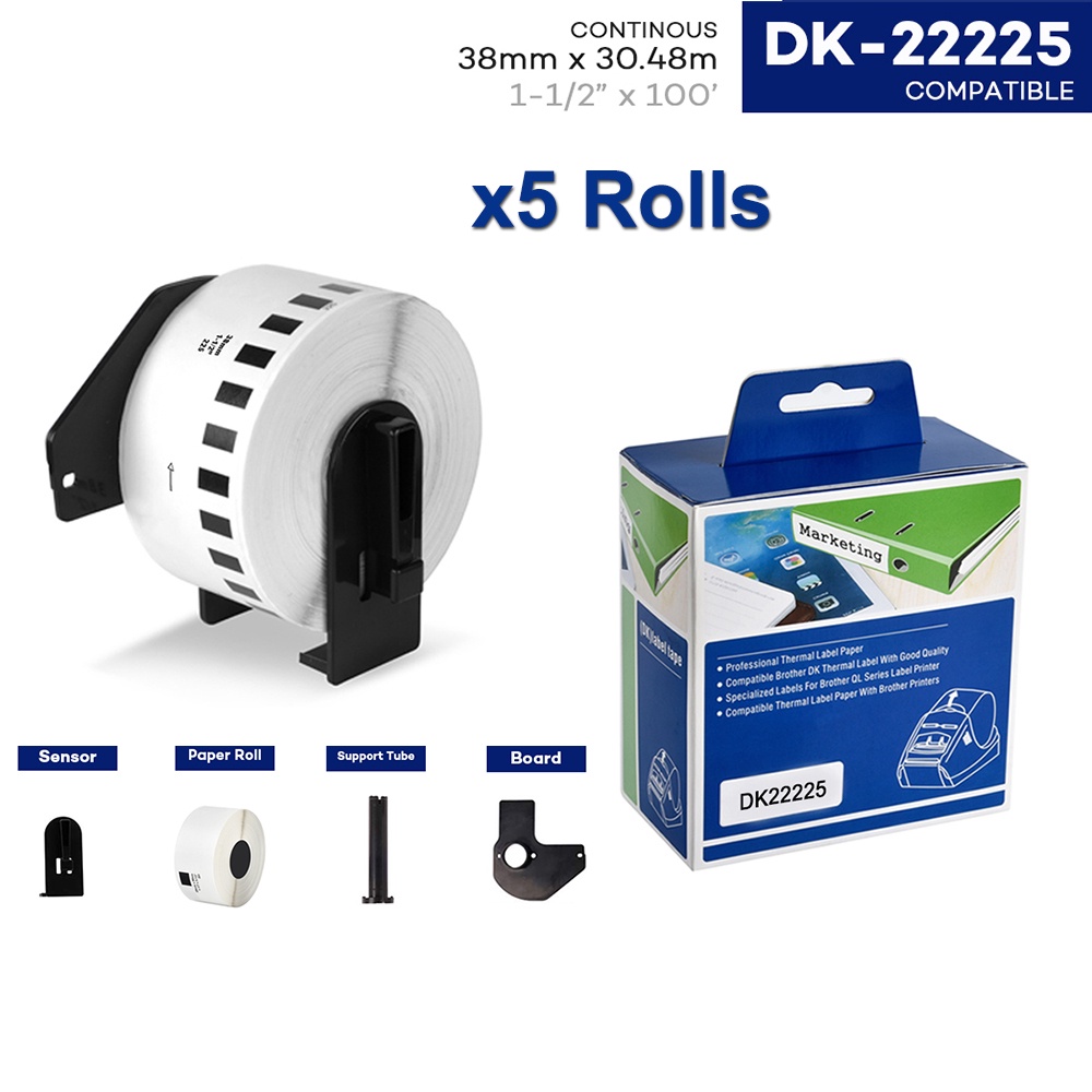 5 ม้วนใช้งานร่วมกับ DK-22225 DK22225 DK-2225 ต่อเนื่องความร้อนป้ายกระดาษ 38 มม.* 30.48 มม. Brother D