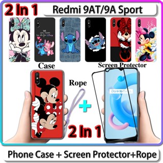 2 IN 1 เคส สําหรับ Redmi 9AT 9A เคสกีฬา พร้อมกระจกนิรภัยโค้ง ป้องกันหน้าจอเซรามิค การออกแบบสติช และมินนี่