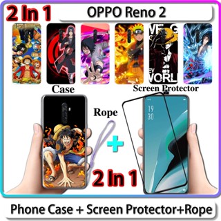 2 IN 1 เคส สําหรับ OPPO Reno 2 เคส พร้อมกระจกนิรภัยโค้ง ป้องกันหน้าจอ เซรามิค นารูโตะ และการออกแบบ One Piece