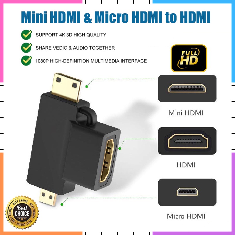 สินค้าพร้อม 3 in 1 Micro/Mini HDMI to HDMI Adapter 3D 1080P ตัวแปลงชายหญิงสําหรับกล้อง แท็บเล็ต พีซี โปรเจคเตอร์