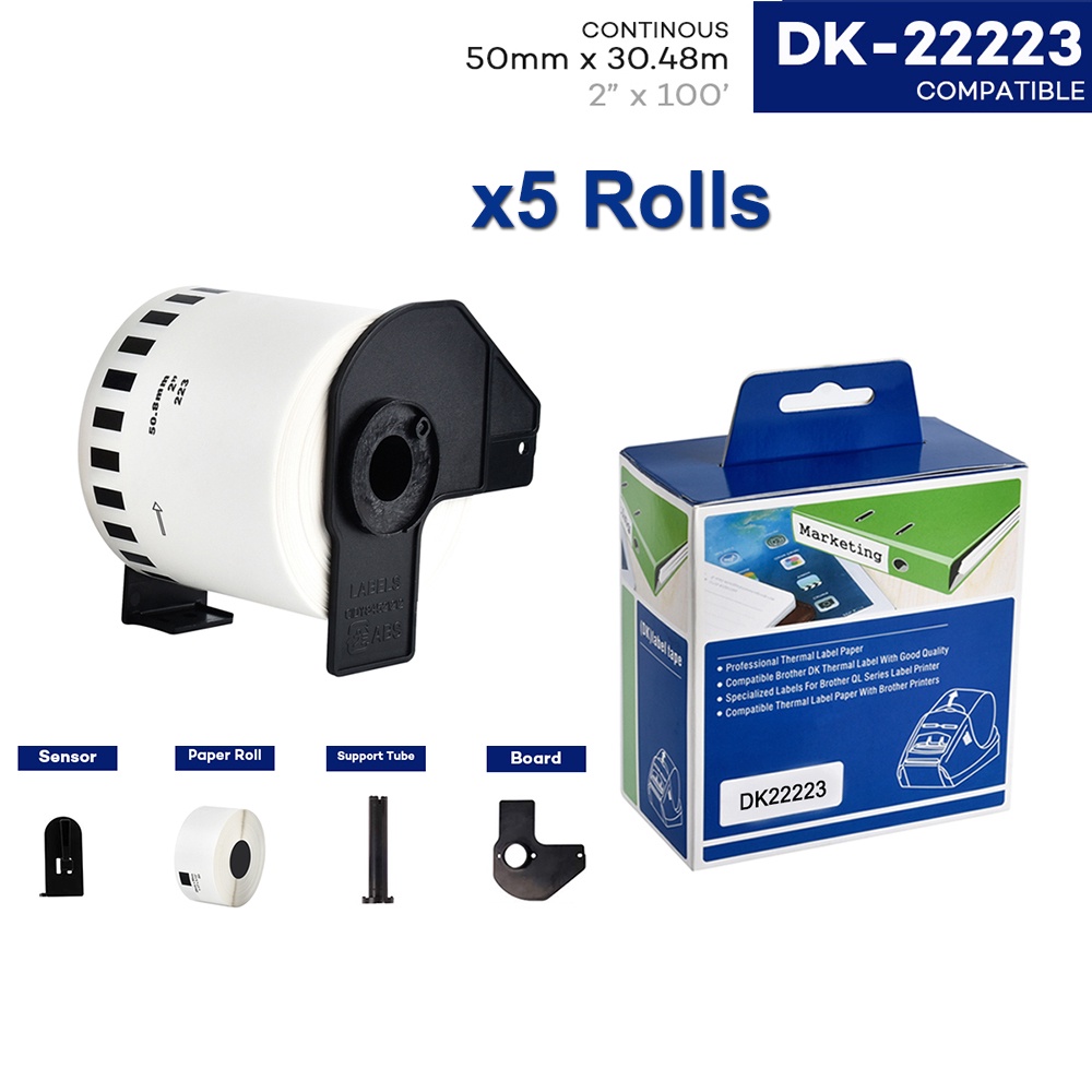 ฉลากกระดาษความร้อน 5 ม้วน สําหรับเครื่องพิมพ์ฉลาก Brother DK-22223 DK22223 DK-2223 50 มม.*30.48 ม. Q
