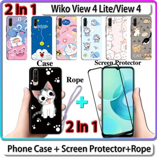 2 IN 1 เคส สําหรับ Wiko View 4 Lite View 4i เคส พร้อมกระจกนิรภัย โค้ง เซรามิก ป้องกันหน้าจอ แมว และโดราเอมอน ออกแบบ