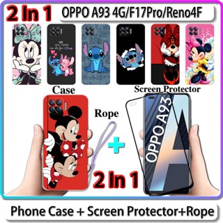 2 IN 1 เคส สําหรับ OPPO A93 4G F17Pro Reno4F เคส พร้อมกระจกนิรภัย โค้ง ป้องกันหน้าจอ เซรามิค การออกแบบสติทช์ และมินนี่