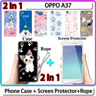 2 IN 1 เคส สําหรับ OPPO A37 เคส พร้อมกระจกนิรภัยกันรอยหน้าจอ ลายแมว และโดราเอมอน