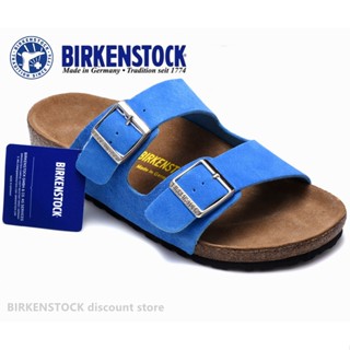 Birkenstock Arizona รองเท้าแตะลําลอง กันลื่น แต่งขนเฟอร์ สีฟ้า สําหรับผู้ชาย ผู้หญิง เหมาะกับการเดินชายหาด ไซซ์ 34-46