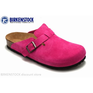 Birkenstock Boston รองเท้าแตะ ลําลอง สําหรับผู้ชาย ผู้หญิง ติดประดับขน สีกุหลาบ สีแดง เหมาะกับการเล่นกีฬา ไซซ์ 34-46