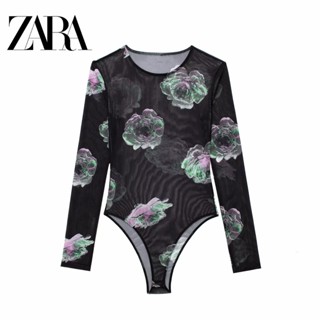 Zara ชุดจั๊มสูท คอกลม แขนยาว โปร่งแสง กันแดด ลายดอกไม้ สําหรับผู้หญิง