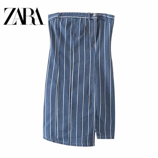 Zara ชุดเดรส แบบสวมหัว ลายทาง แต่งกระดุม ผ่าข้าง สําหรับผู้หญิง