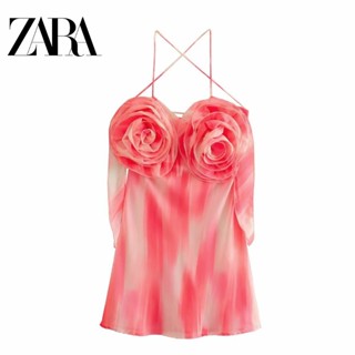 Zara ชุดเดรส สายคล้องคอ ลายดอกไม้ สามมิติ สําหรับผู้หญิง