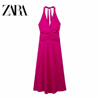 Zara ชุดเดรส คอผูกเชือก แบบสวมหัว สีพื้น สําหรับผู้หญิง