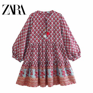 Zara ชุดเดรส คอกลม แขนยาว แบบผูกเชือก ทรงหลวม สําหรับผู้หญิง