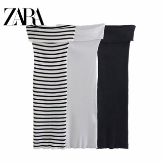 Zara ชุดเดรสยาว แขนกุด คอแบน ผ้าถัก ลายทาง แบบสวมหัว สําหรับผู้หญิง