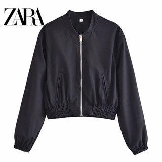 Zara เสื้อแจ็กเก็ต เสื้อโค้ทสั้น แขนยาว มีซิป สีพื้น สําหรับผู้หญิง