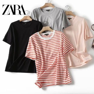 Zara เสื้อคอกลม แขนสั้น แบบสวมหัว ลายทาง ทรงหลวม เข้ากับทุกการแต่งกาย สําหรับผู้หญิง