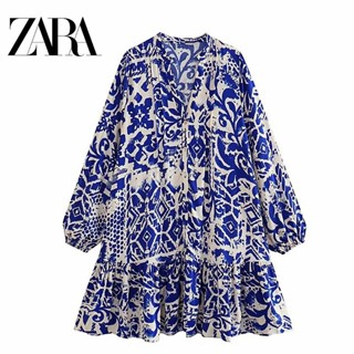 Zara ชุดเดรสสั้น แขนยาว คอวี กระดุมแถวเดียว ทรงหลวม สําหรับผู้หญิง