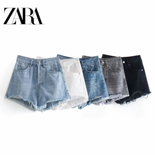 Zara กางเกงขาสั้น เอวสูง ทรงตรง เข้ารูป แต่งรอยขาด เข้ากับทุกการแต่งกาย สําหรับผู้หญิง